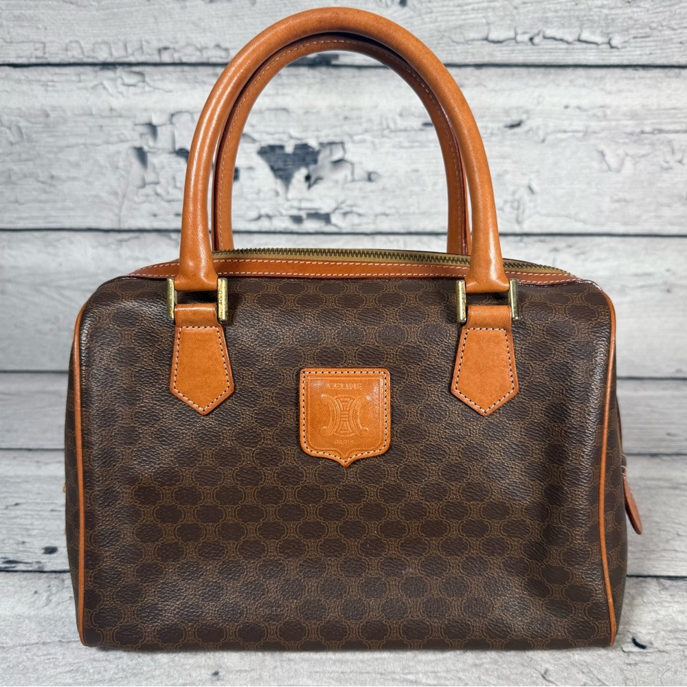 Celine Macadam Boston Brown Monogram Canvas Leather Handbag